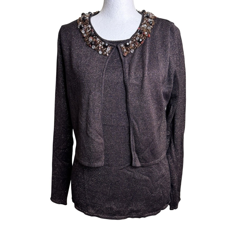 Escapade Bronze Metallic Shimmer Knit Beaded Cardigan Tank Twin Set‎ Matching M